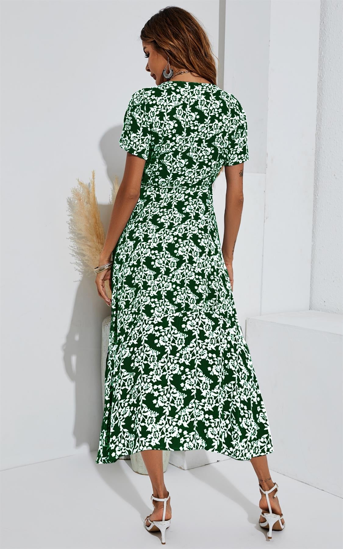 White Floral Print Wrap Midi Dress In Dark Green