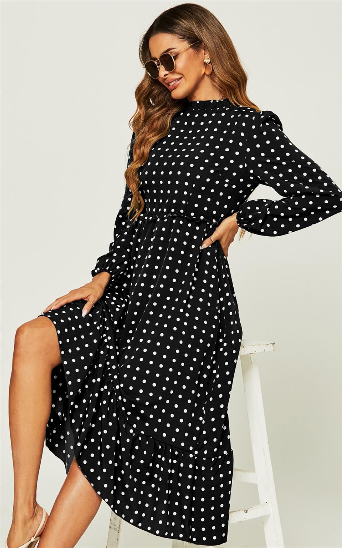 Polka Dot Print Long Sleeve Midi Dress In Black