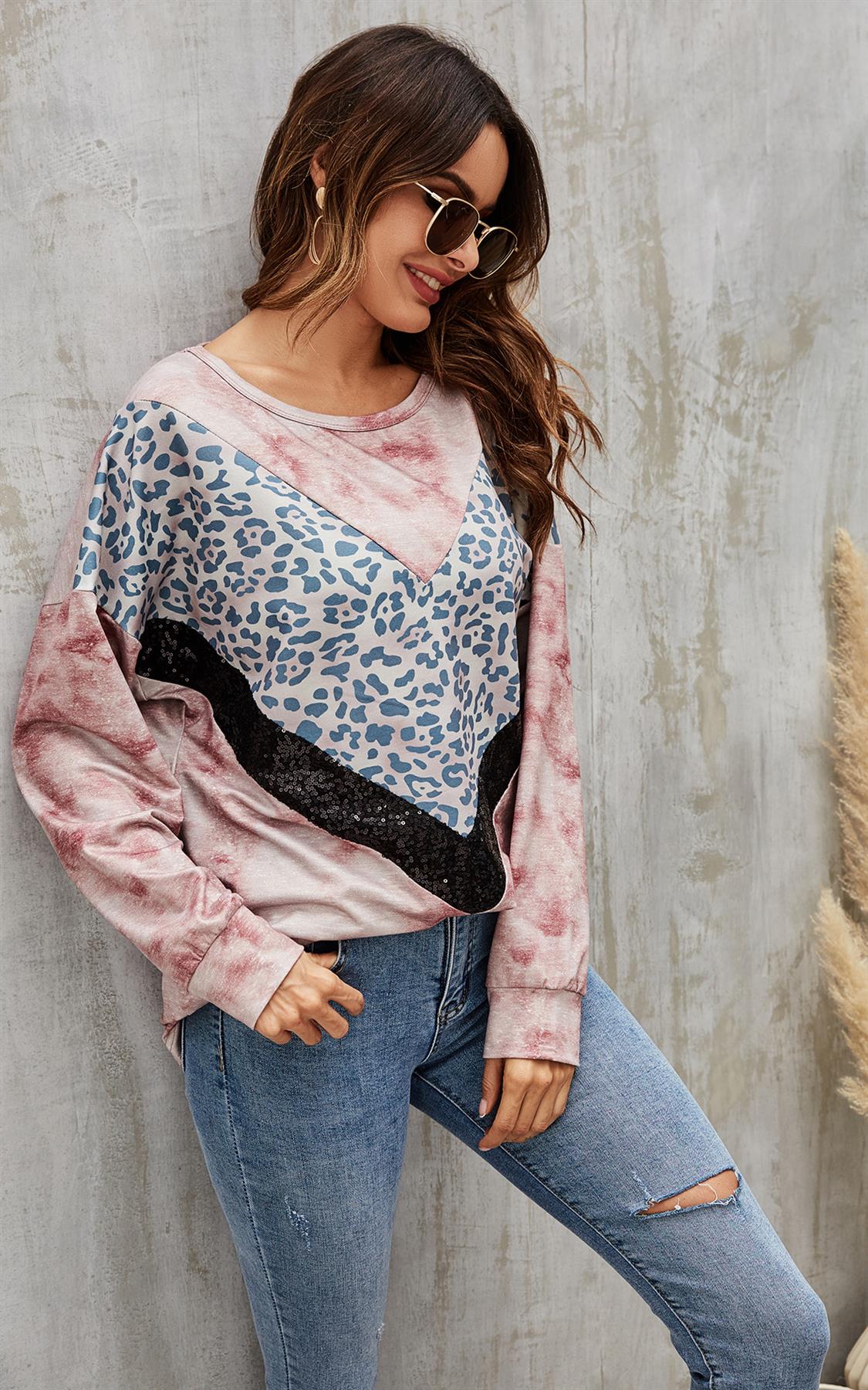 Animal Print & Sequin Black Striped Top In Pink Pastel Tie Dye