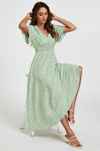 Multi Floral Print V Neck Midi Dress In Green