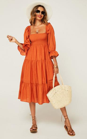 Puff Frill Sleeve Elasticated Detail Midi Dress In Orange