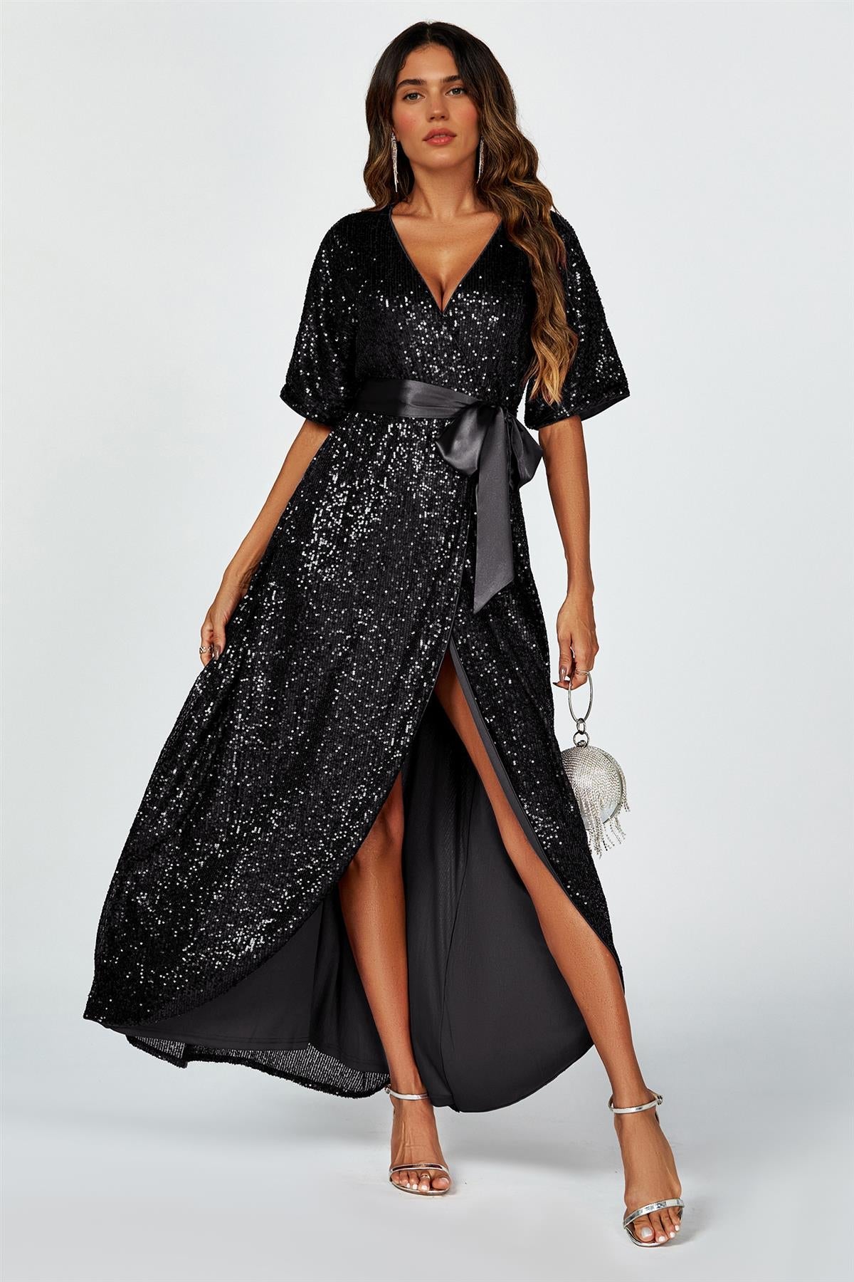 Wrap Style Sequin Maxi Dress In Black