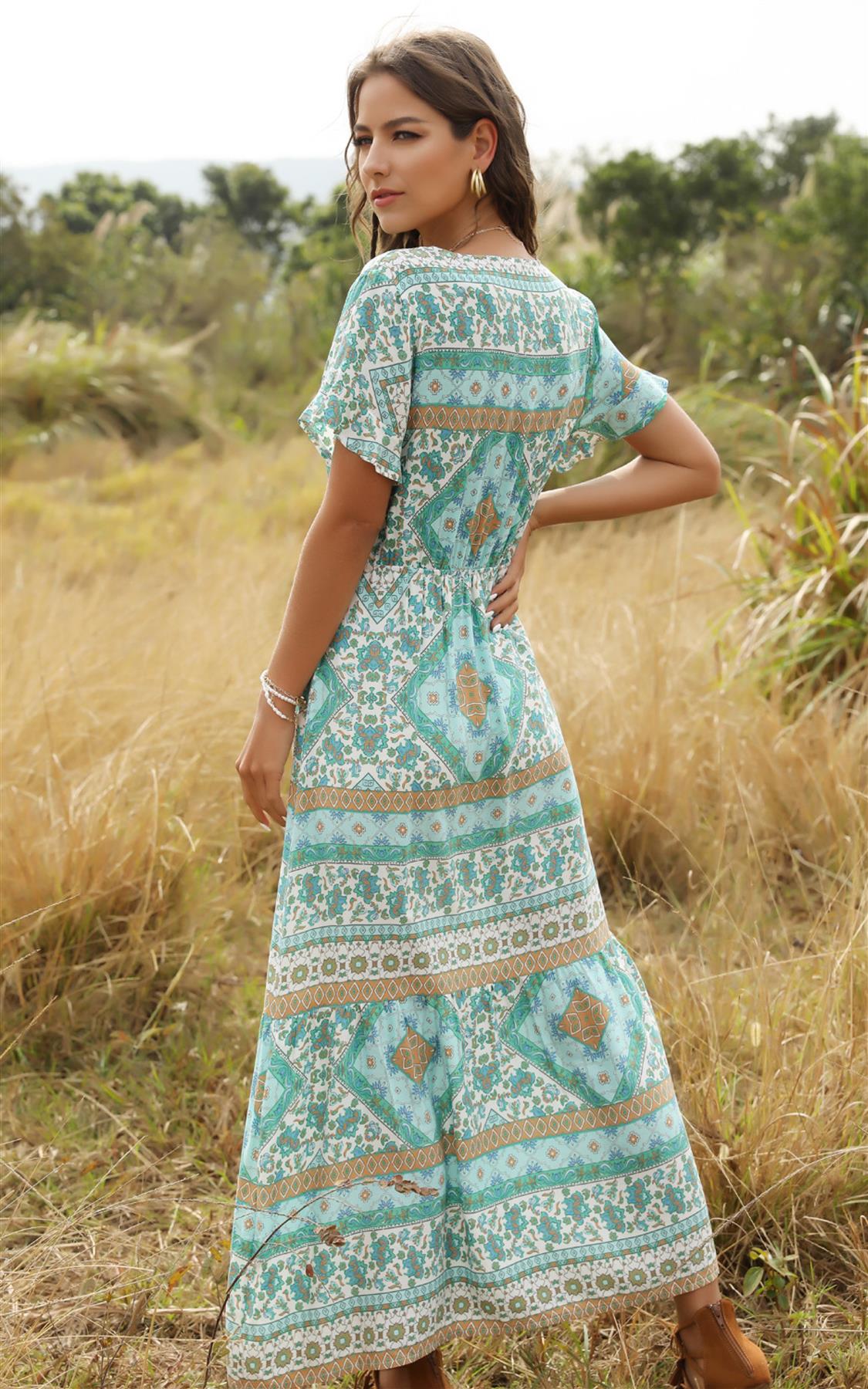 Ruffle Sleeve Mint Green Floral Print Midi Dress