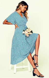 Polka Dot Hem Tiered Wrap Dress In Blue