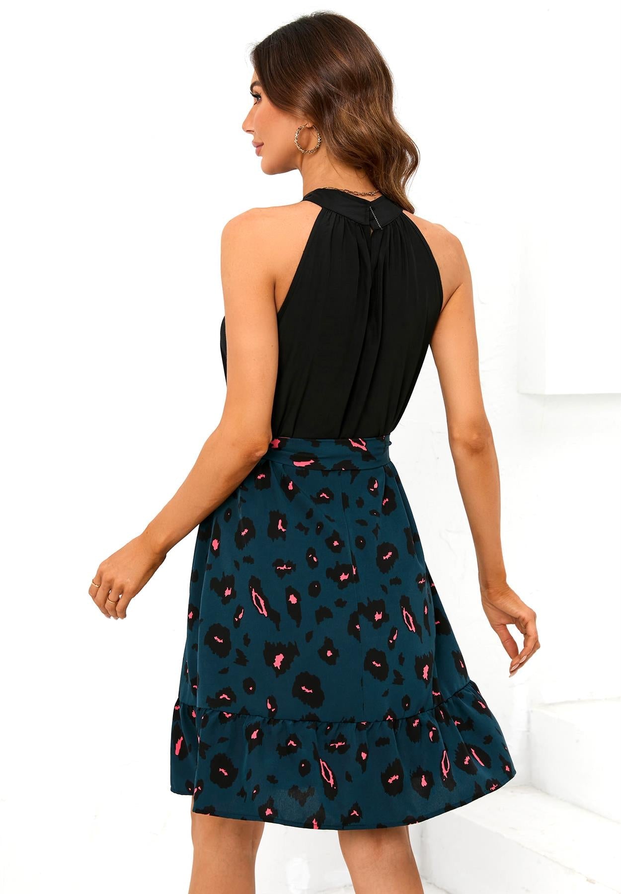 Black Halterneck Top 2 In 1 Mini Dress In Blue Leopard Print