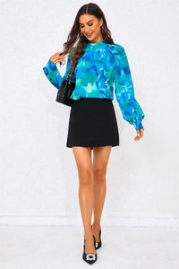 Abstract Floral Print Halter Neck Blouse Top In Blue
