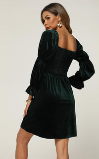 Velvet Square Neck Puff Sleeve Mini Dress In Forest Green