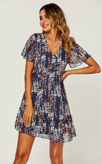 Flora Print V Neck Angel Sleeve Summer Mini Dress In Navy