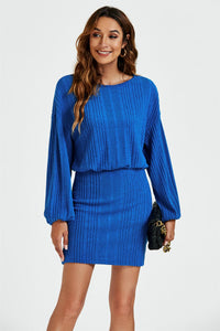Long Sleeves Knit Mini Dress In Blue