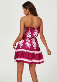 Printed Broderie Strapless Mini Dress In Fuchsia