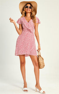 Little Floral Print Hem Mini Wrap Dress In Red