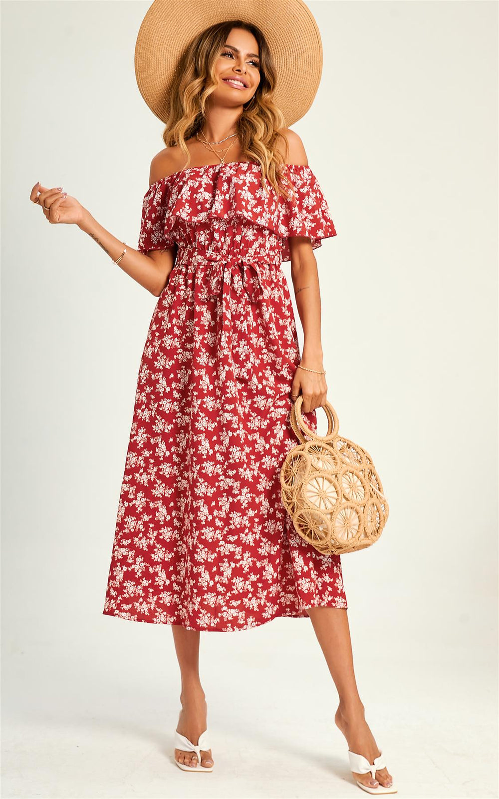 Little Flora Print Bardot Frill Midi Dress In Red