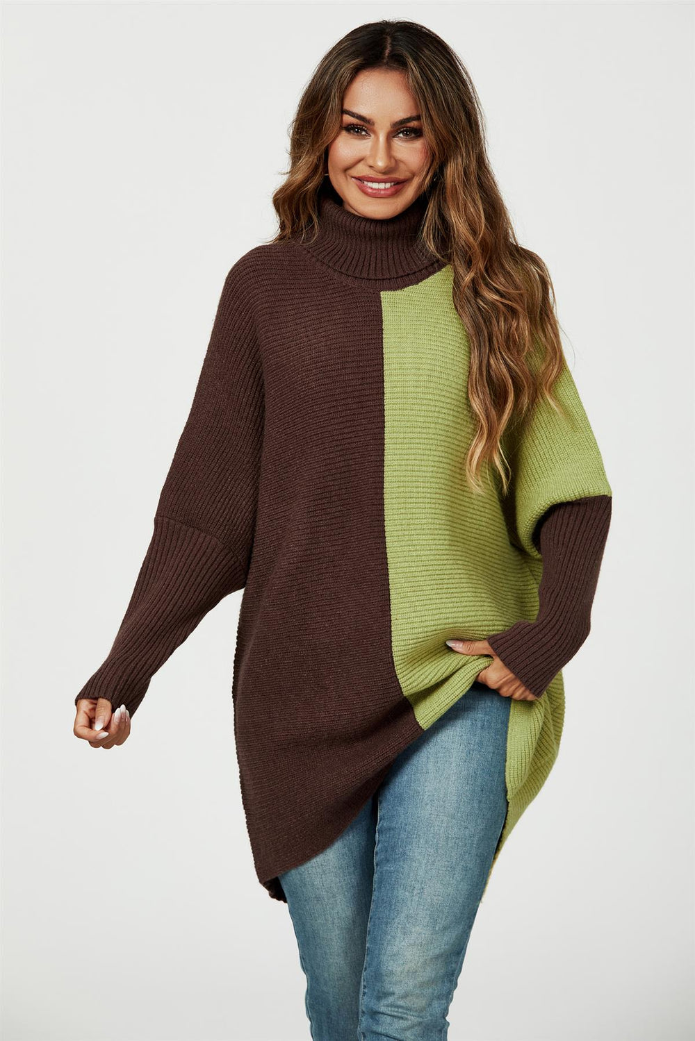 High Neck Half Brown & Green Block Colour Jumper Top
