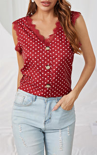 Wine Red White Dot Button Down Lace Trim V Neck Sleeveless Blouse
