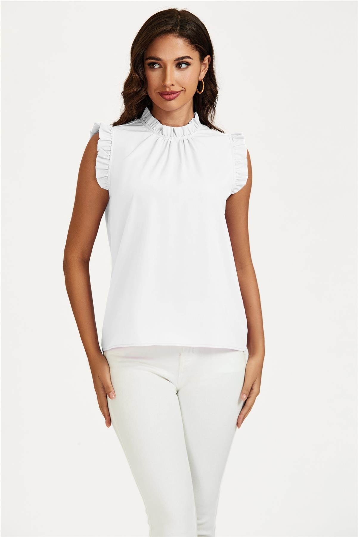 Frill Trim Sleeve Frill Neck Blouse Top In White