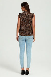 Leopard Print Frill Trim Sleeve Frill Neck Blouse Top In Brown