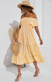 Relaxed Off Shoulder Bardot Frill Midi Dress In Yellow