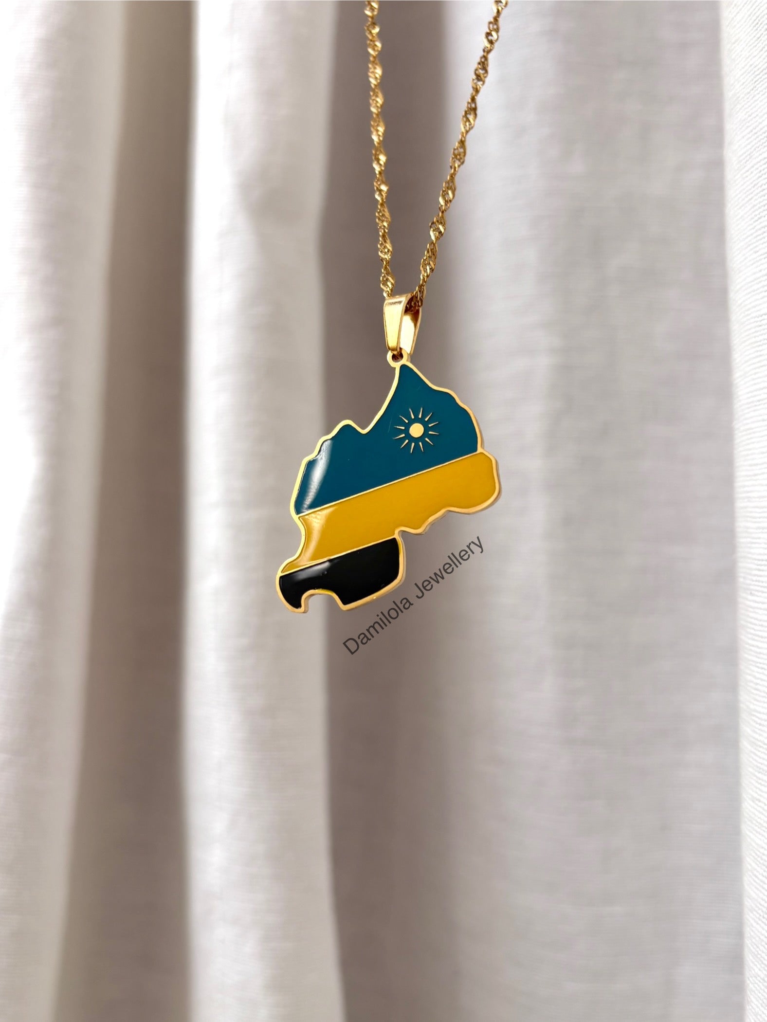 Rwanda Flag Map Necklace - Gold
