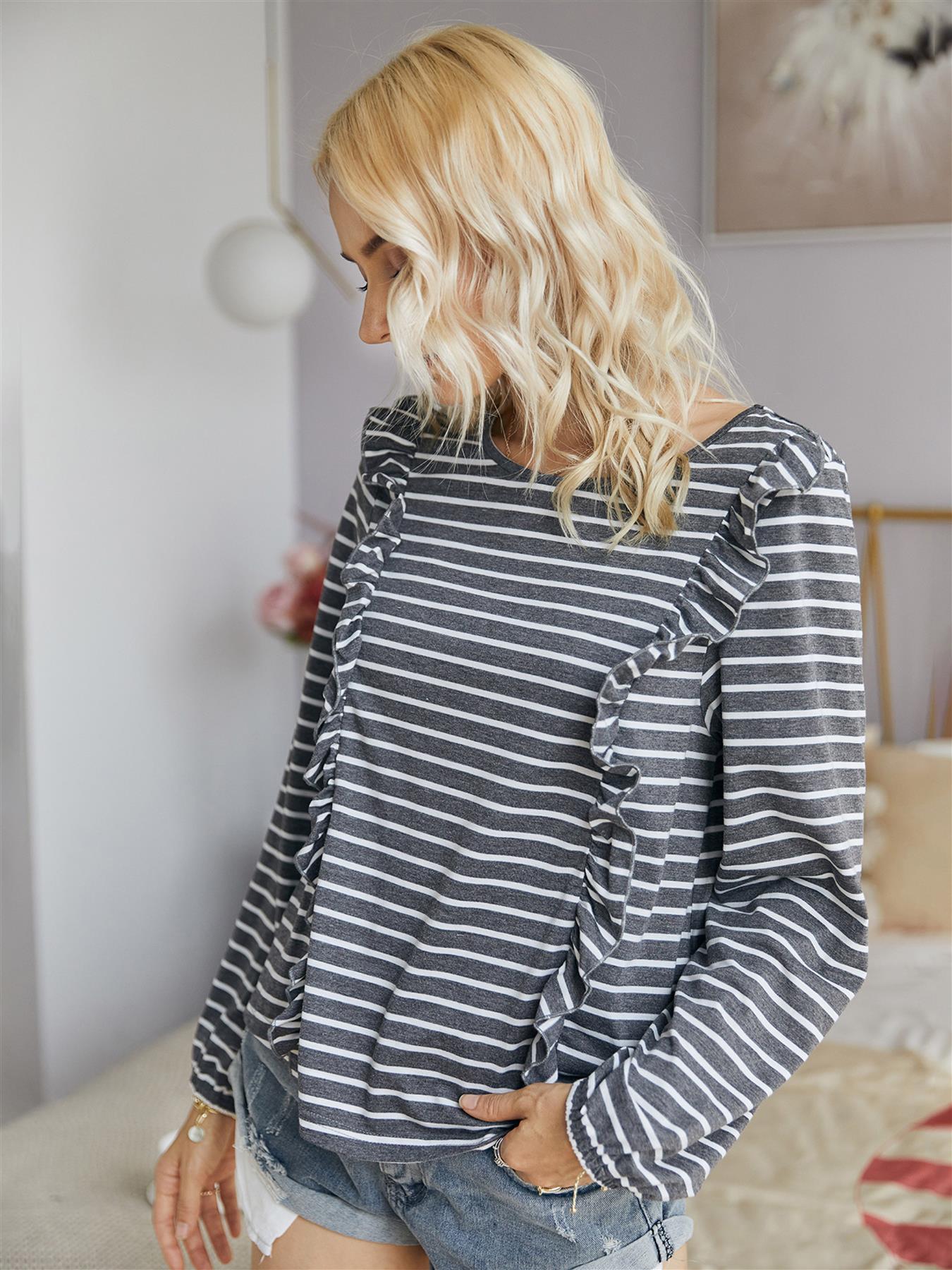 Frill Hem Detail Long Sleeve Breton Striped Top In Grey