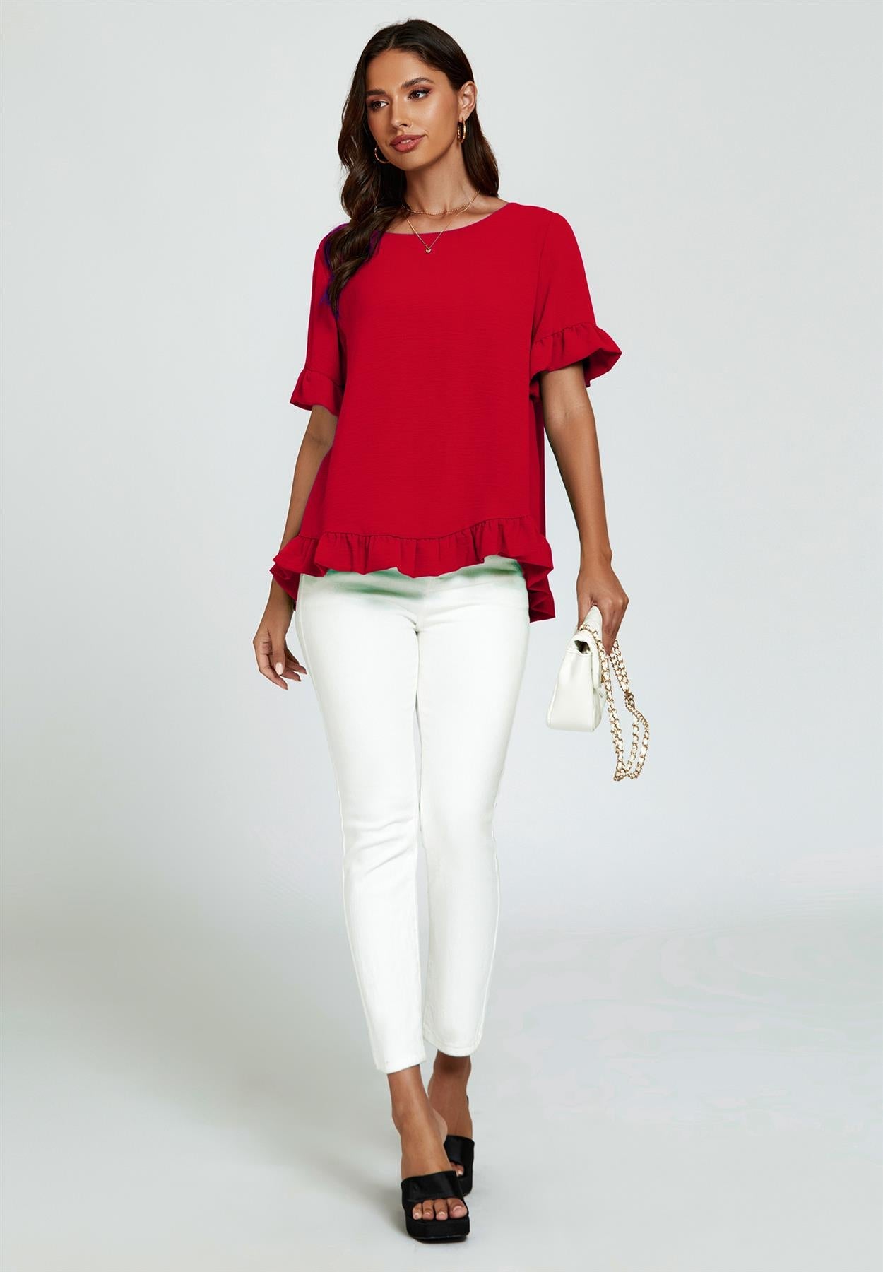 Frill Detail Short Sleeves Top In Red