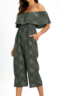 Leopard Print Bardot Ruffles Hem Jumpsuit In Khaki Green