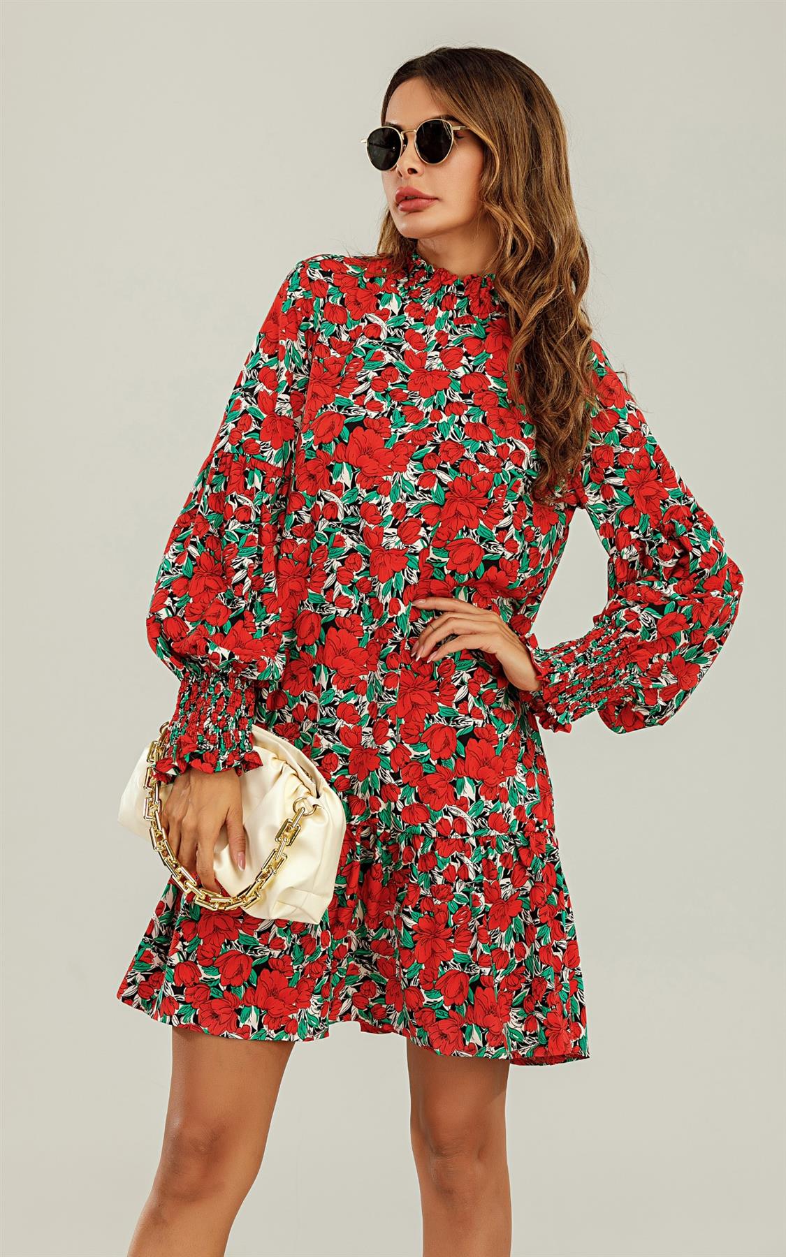 Frill Detail High Neck Shift Dress In Red & Green Floral