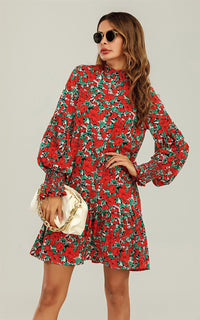 Frill Detail High Neck Shift Dress In Red & Green Floral