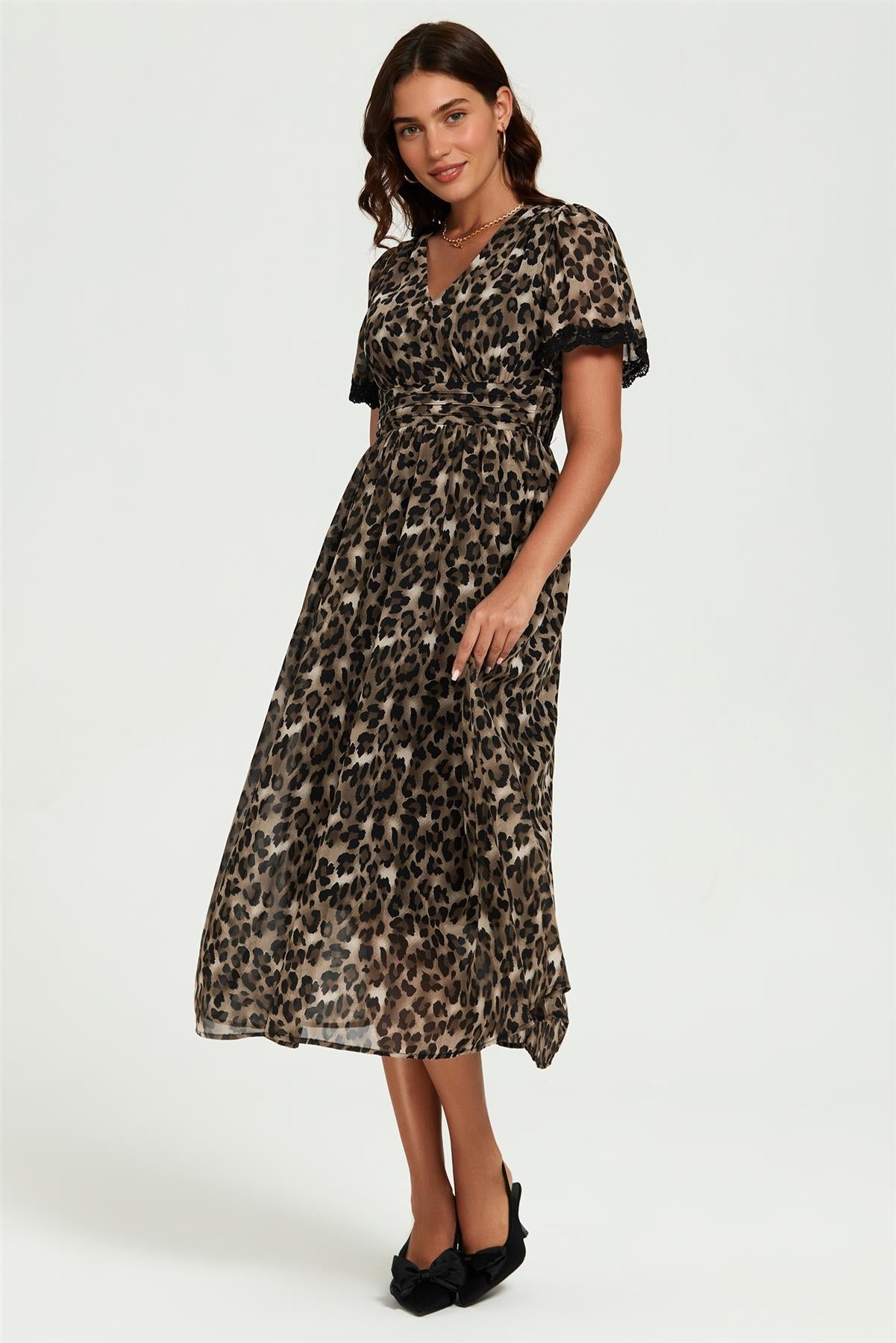 Leopard Print Lace Trim On Sleeve Midi Dress In Brown