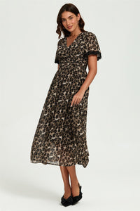 Leopard Print Lace Trim On Sleeve Midi Dress In Brown