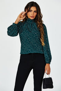 Polka Dot Print Long Sleeve Back Tie Blouse Top In Green