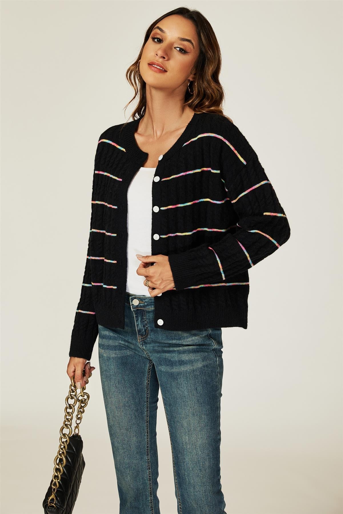 Rainbow Stripe Knitted Cardigan In Black