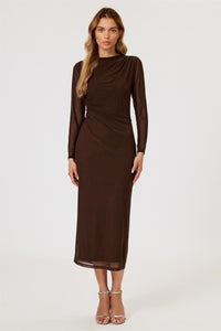 Long Sleeves Mesh Midi Dress In Brown