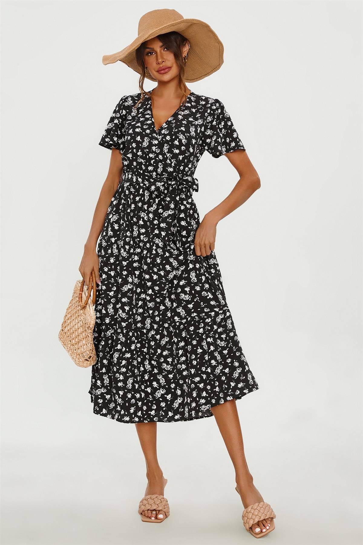 White Floral Print Hem Tiered Wrap Midi Dress In Black