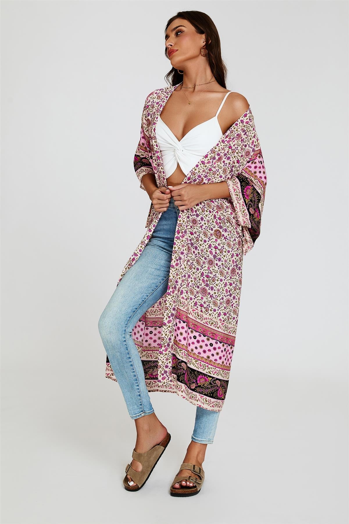 Relaxed Cotton Kimono In Pink