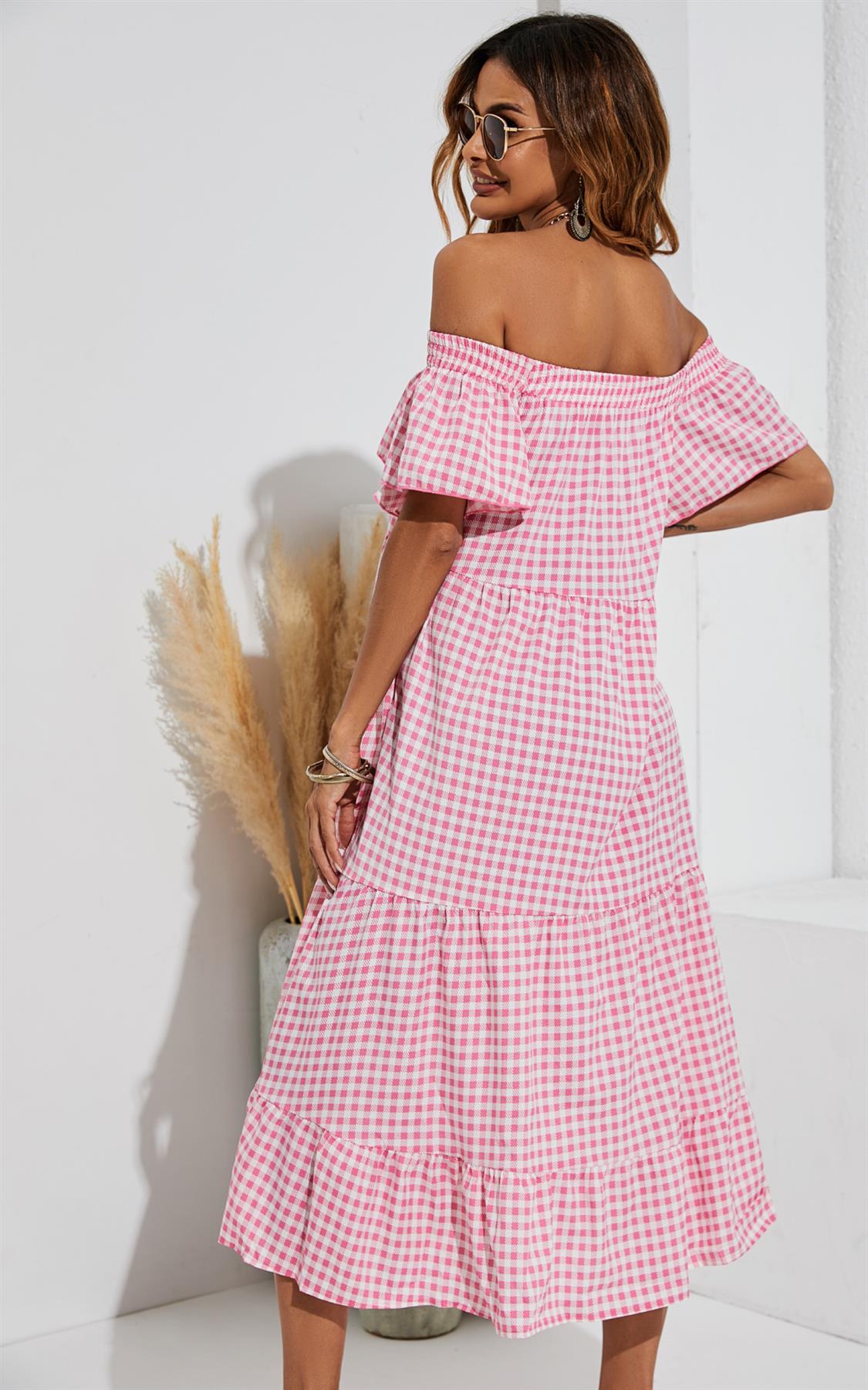 Off Shoulder Bardot Frill Midi Dress In Pink