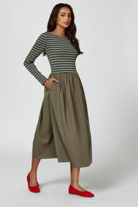 Long Sleeve Stripe Midi Dress In Olive