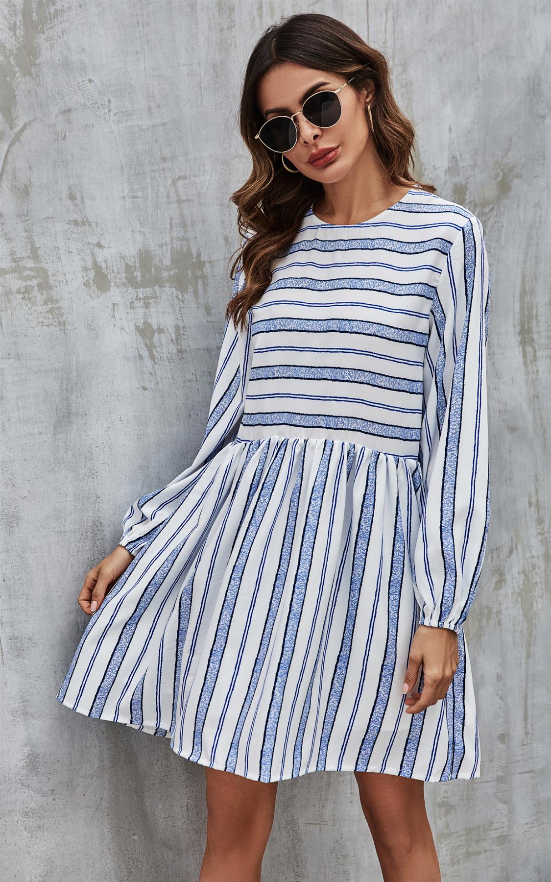 Blue Stripe Print Long Sleeve Smock Dress In White