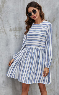 Blue Stripe Print Long Sleeve Smock Dress In White