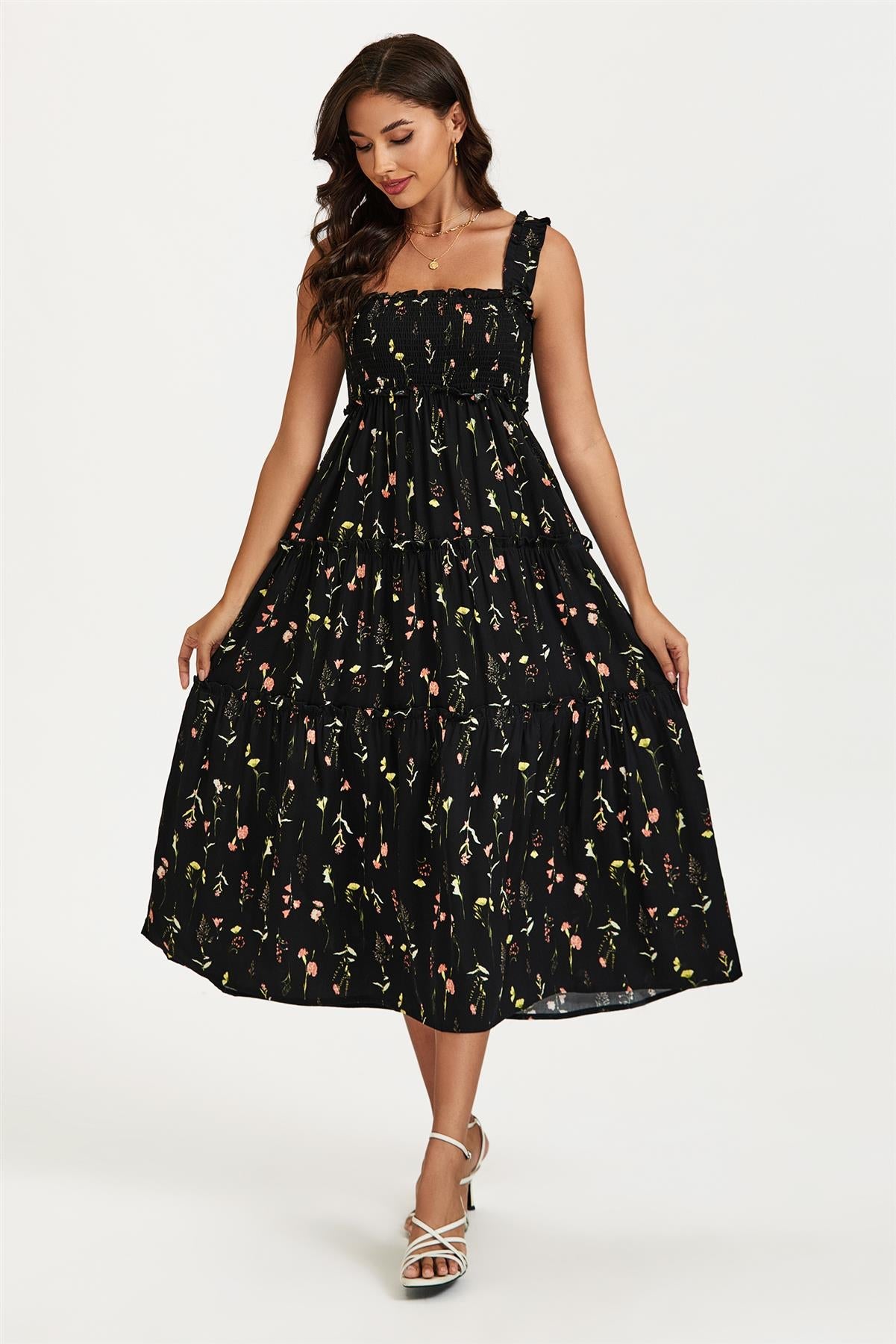 Floral Print Hem Detail Tiered Maxi Dress In Black