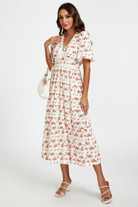 Red Floral Print Lace Detail Angel Sleeve Midi Dress In Cream