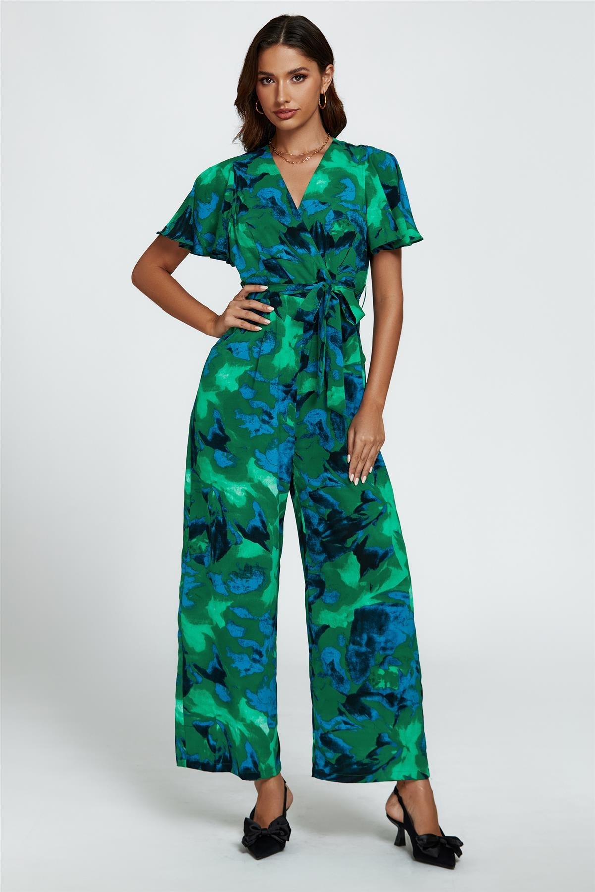 Abstract Print Wrap Top Jumpsuit In Green