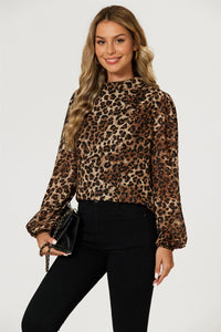 Leopard Print Foil Long Sleeve High Neck Top In Brown