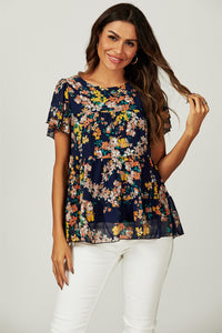 Floral Print Hem Tiered Smock Short Sleeve Blouse Top In Navy