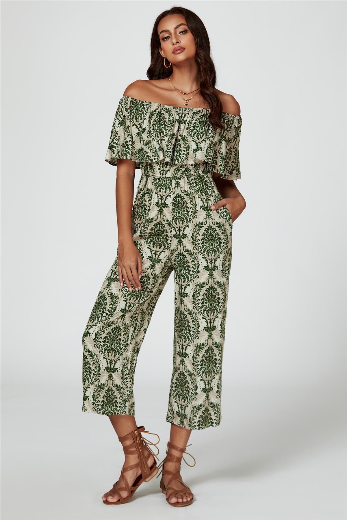 Off The Shoulder Print Frill Jumpsuit In Green