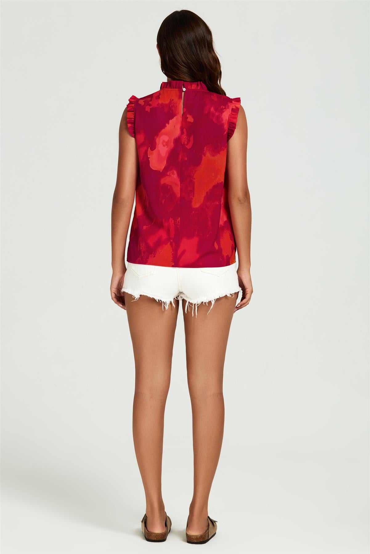 Abstract Print Frill Trim Sleeve Frill Neck Blouse Top In Red