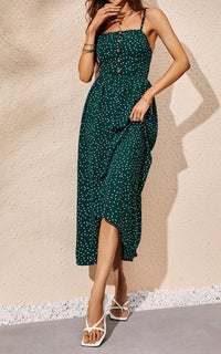 Button Down Strappy Midi Dress In Olive Green