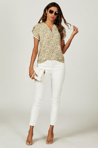 Floral Print Lace Trim Short Sleeve Blouse Top In Green Yellow