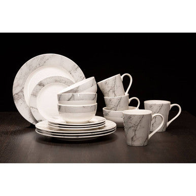 Avie 16pc White And Grey Marble Effect Dinner Set