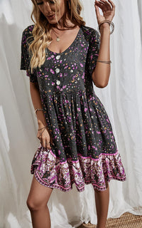 Purple Floral Print Button Front Mini Dress In Black