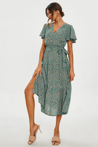 Orange Floral Print Hem Tiered Wrap Midi Dress In Green